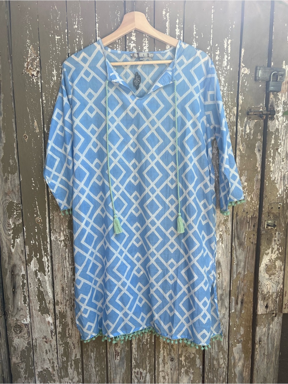 Light Blue Geometric Swim Coverup with Tassel Trim